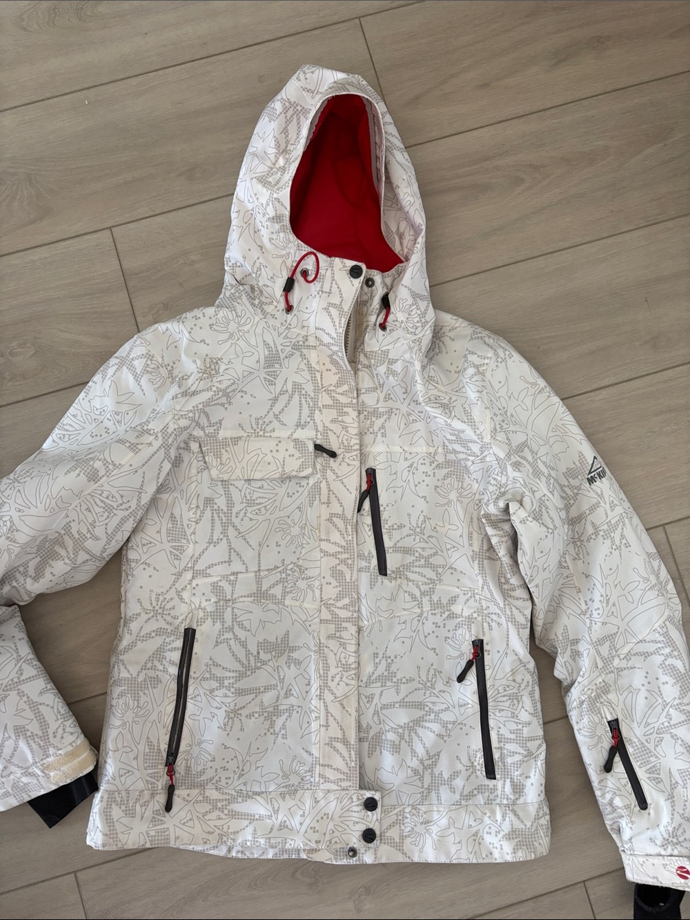 Women’s White Patterned Ski Jacket with Red Lining